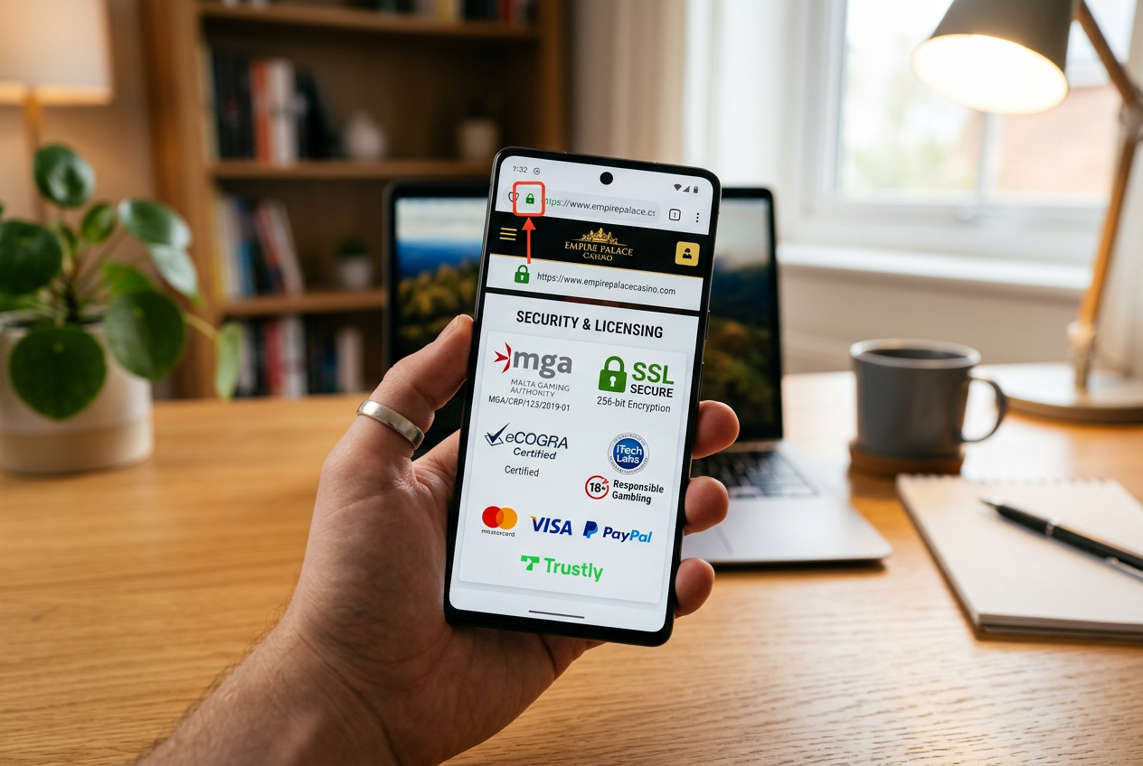 Zbliżenie na certyfikat licencji kasyna online na ekranie smartfona