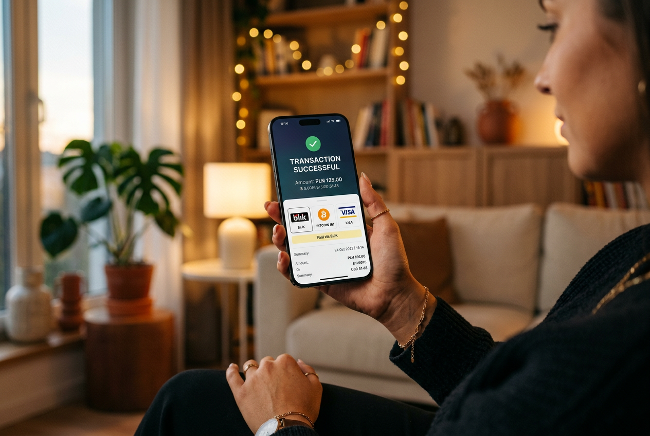 A hand holding a smartphone showing a secure payment confirmation.