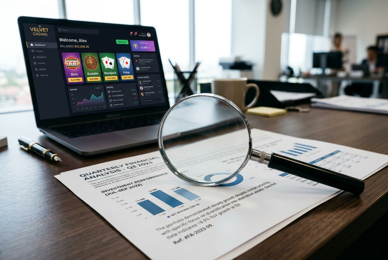 A magnifying glass examining a document with casino terms and conditions.